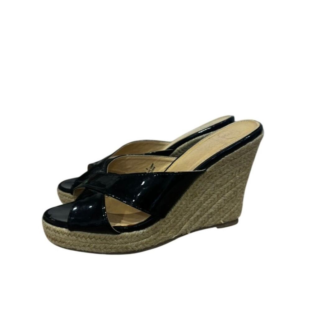 Kelsi Dagger Brooklyn "Bianca" Espadrille Wedge Sandals Black Patent Leather 6